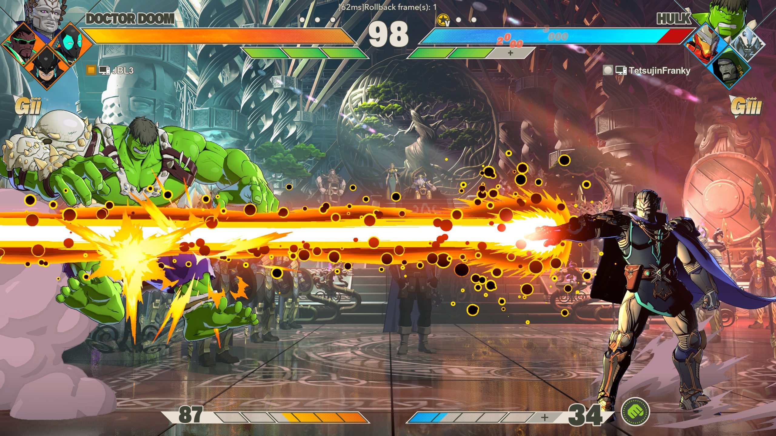A gameplay scene from a fighting game shows Doctor Doom and Hulk engaged in combat, with Doctor Doom firing an energy blast towards Hulk.