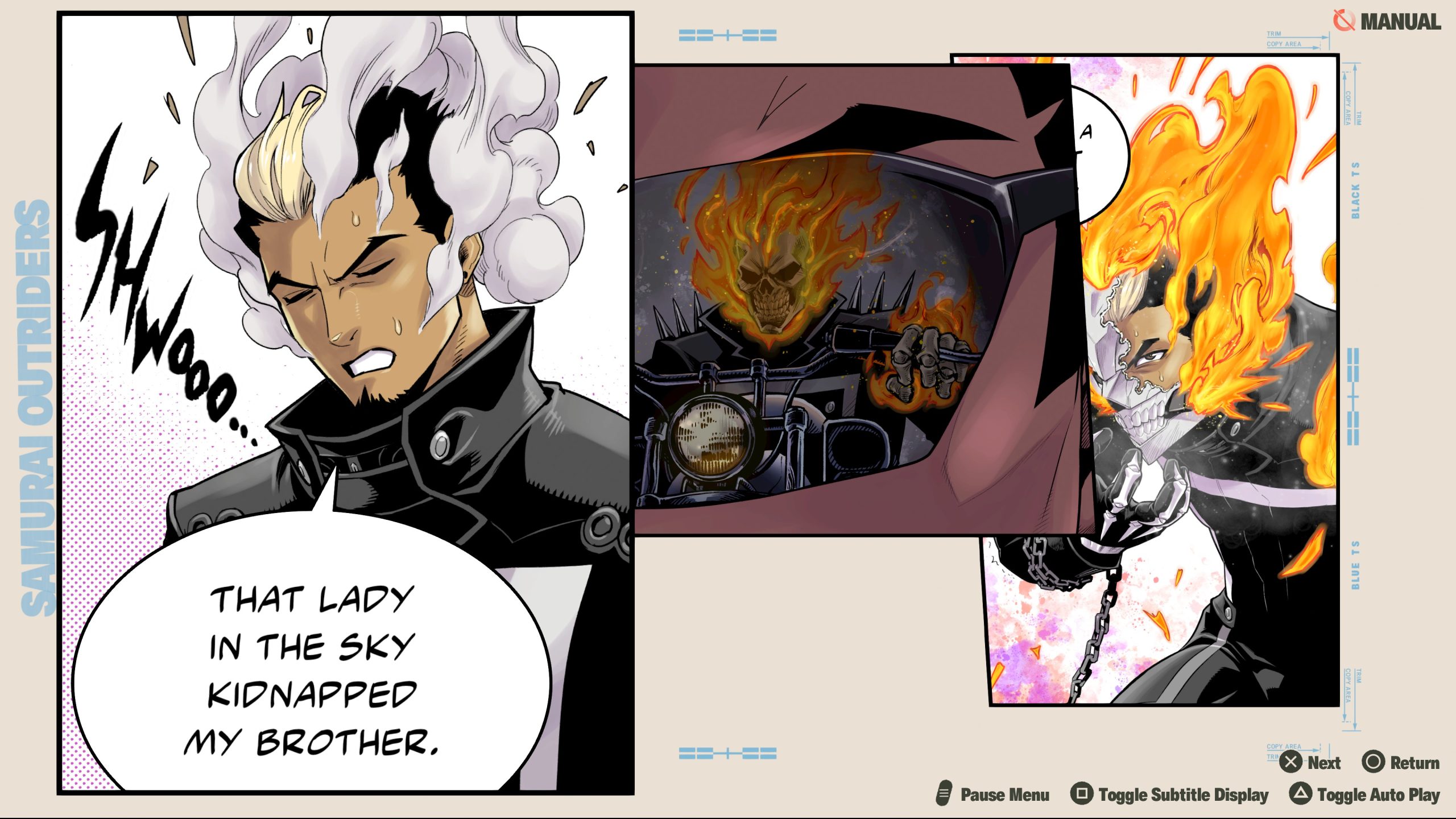 A comic character with white hair and a flaming skull reflection on a motorcycle mirror says, That lady in the sky kidnapped my brother, from the 'Samurai Outriders' series.