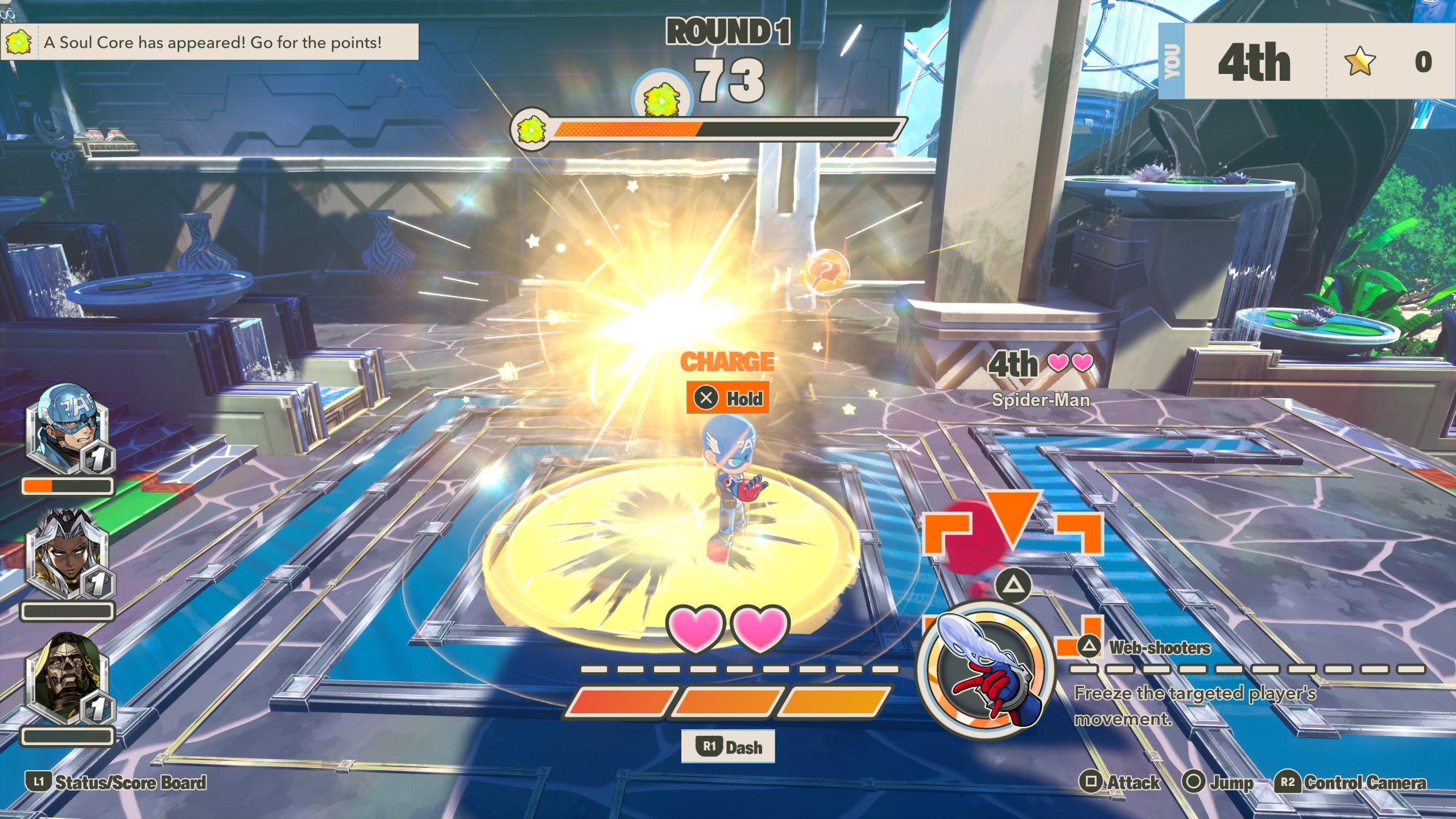In the game 'Marvel Super Hero Squad,' Captain America charges up a special move on a glowing platform while the on-screen text indicates 'Round 1' and '4th Spider-Man'.
