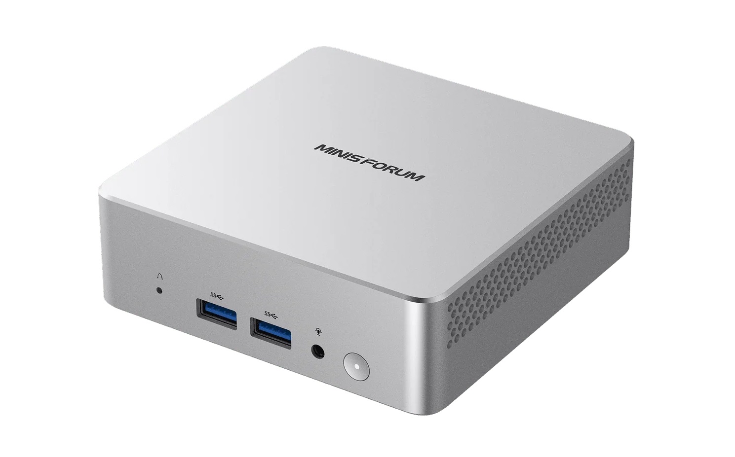 A silver Minisforum mini PC features two front USB ports, a headphone jack, and a power button.