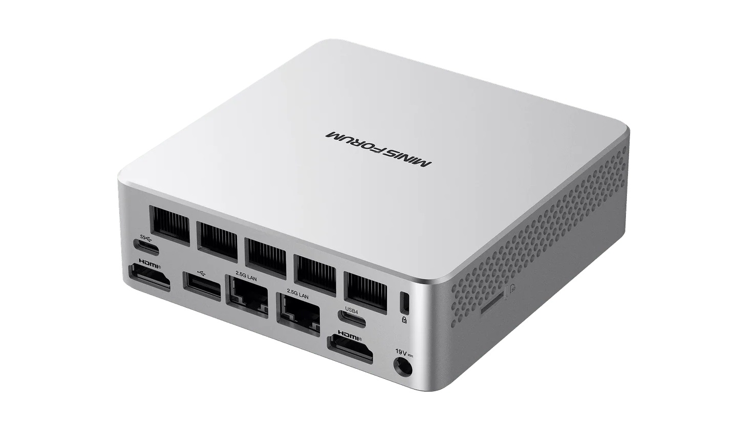 A Minisforum device with multiple ports including HDMI, USB, and 2.5G LAN is shown from the back.