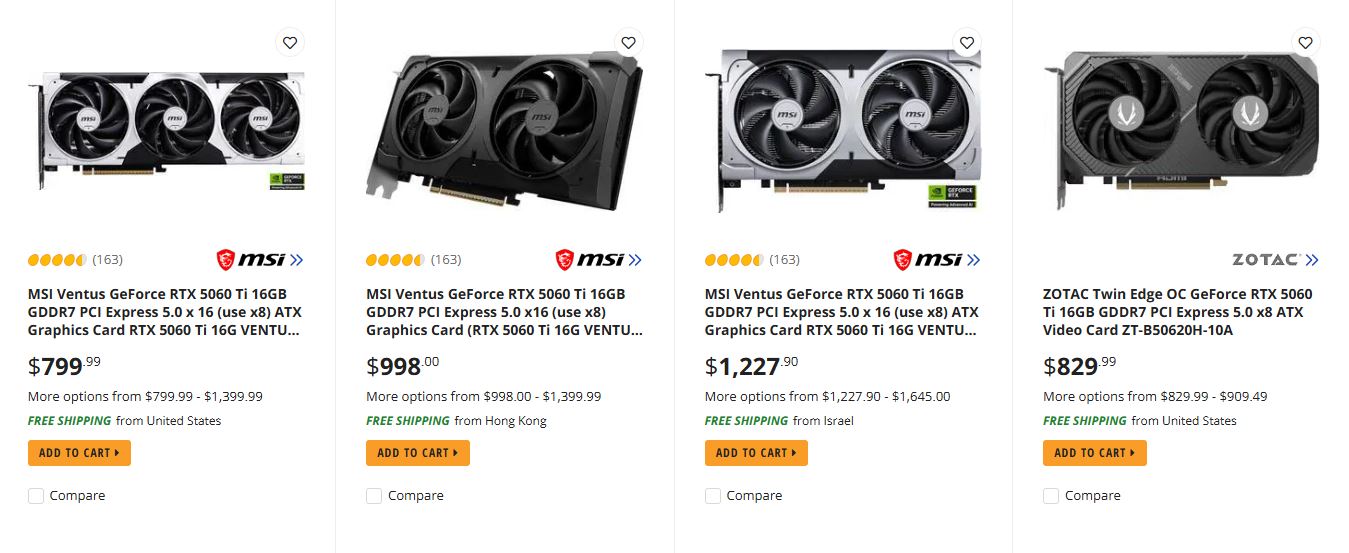 A comparison image shows MSI Ventus GeForce RTX 5060 Ti 16GB graphics cards priced at $799.99, $998.00, and $1,227.90, and a ZOTAC Twin Edge OC GeForce RTX 5060 Ti priced at $829.99.
