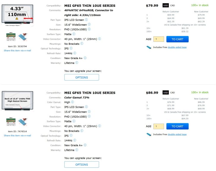 Two listings for 'MSI GF65 THIN 10UE SERIES' IPS LCD screens, featuring 15.6 FHD 144Hz displays, priced at $79.99 and $86.99, with options for different color gamuts and mounting specifications.