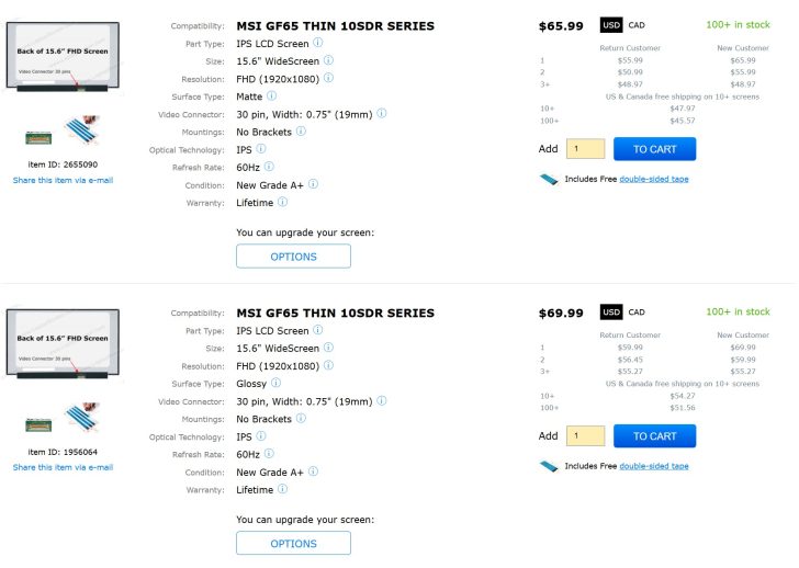 Two listings for MSI GF65 THIN 10SDR SERIES 15.6 FHD screens, one matte for $65.99 and one glossy for $69.99, both with 60Hz refresh and new Grade A+ condition, showing 100+ in stock.