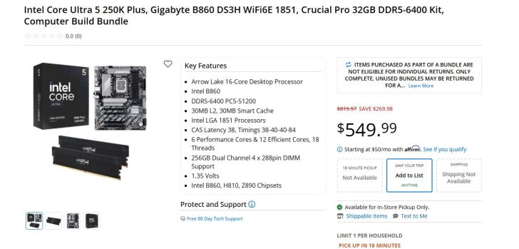 The image shows a bundle featuring the Intel Core Ultra 5 250K Plus processor, a Gigabyte B860 DS3H WiFi6E 1851 motherboard, and a Crucial Pro 32GB DDR5-6400 RAM kit priced at $549.99.