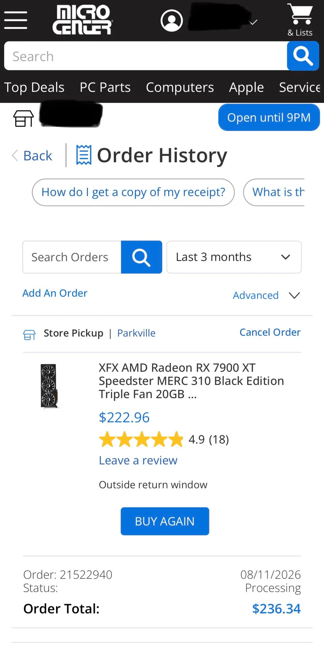 The image shows an order history page from Micro Center, featuring the purchase of an XFX AMD Radeon RX 7900 XT Speedster MERC 310 Black Edition Triple Fan 20GB for $222.96, with an order total of $236.34.