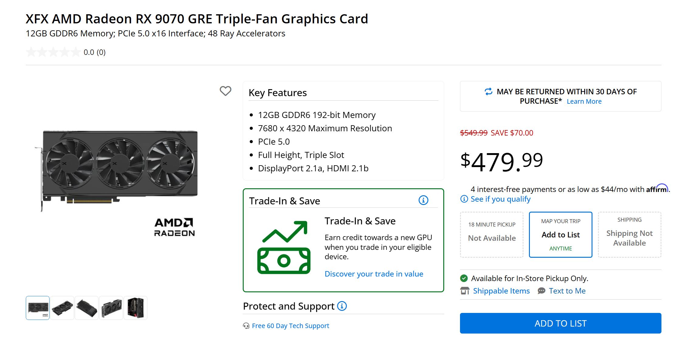 The XFX AMD Radeon RX 9070 GRE Triple-Fan Graphics Card is displayed with key features including '12GB GDDR6 Memory,' 'PCIe 5.0,' and a price of '$479.99,' showcasing a $70 discount from the original price.