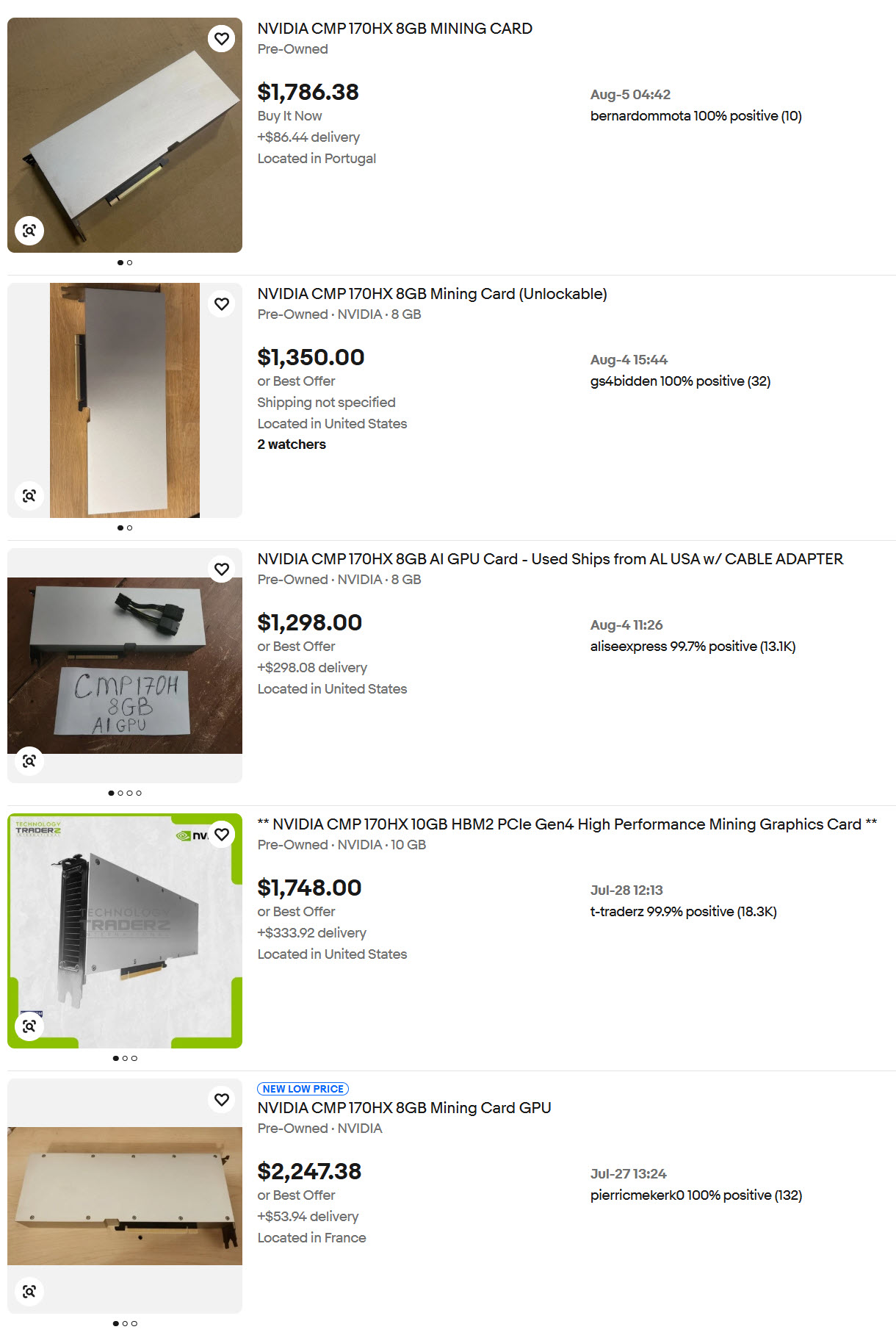 A list of pre-owned NVIDIA CMP 170HX mining cards with various prices ranging from $1,298 to $2,247, located in different countries.
