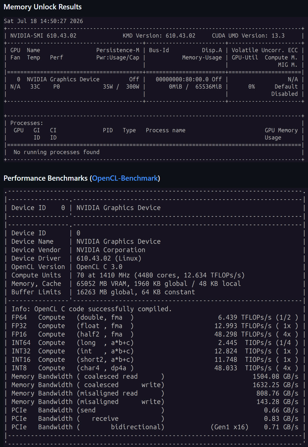 A screen displays 'Memory Unlock Results' and 'Performance Benchmarks' for a device identified as an 'NVIDIA Graphics Device,' showing details like 4480 cores, 12.634 TFLOPS/s, and 65,052 MB VRAM.