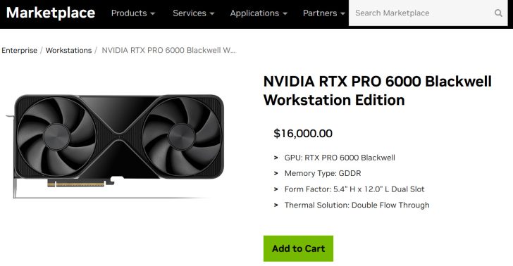 NVIDIA RTX PRO 6000 Blackwell Workstation Edition is shown with a price of $16,000 and features like GDDR memory and a double flow through thermal solution.