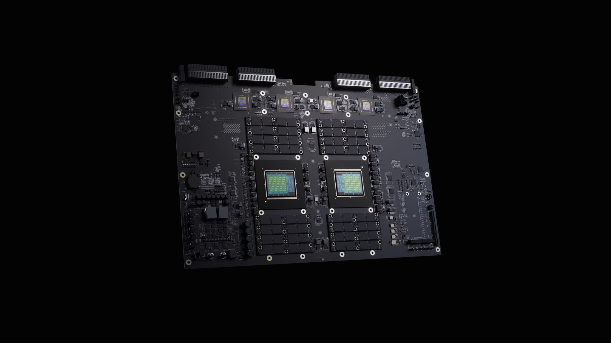 A close-up of an NVIDIA circuit board featuring two prominent chips with intricate circuitry details.