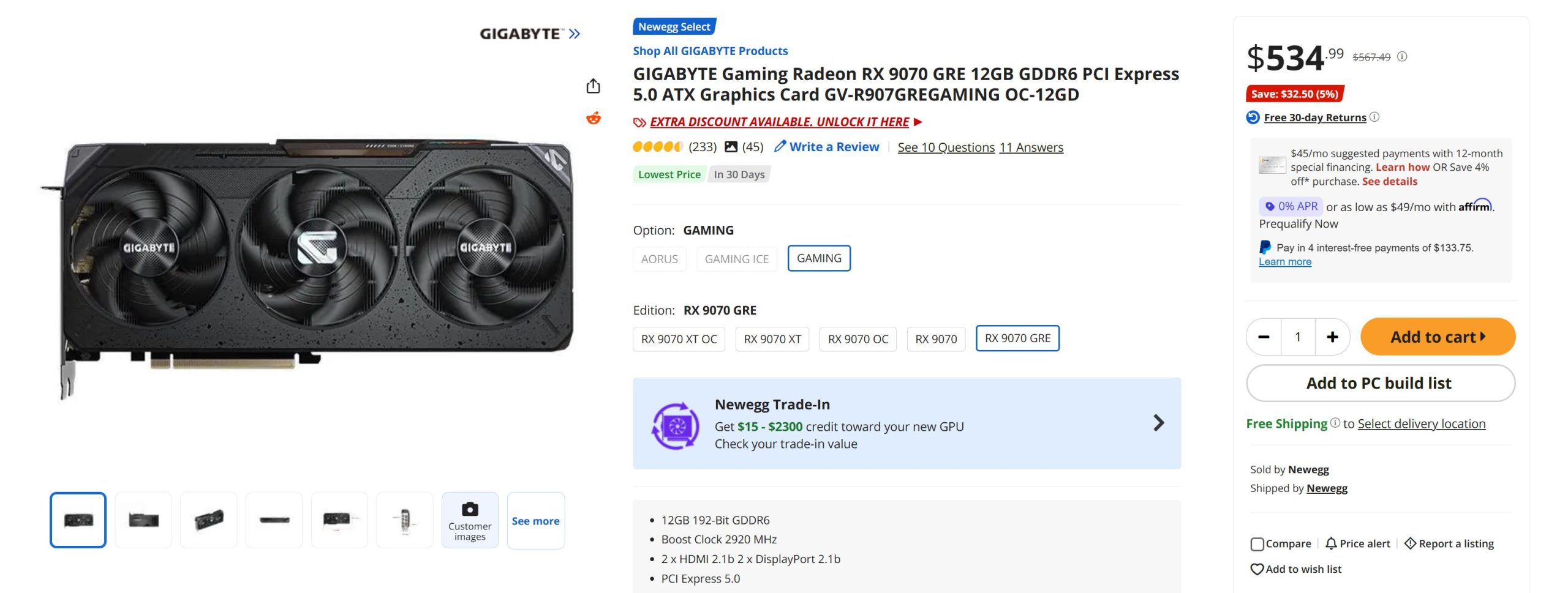 The image shows a Newegg product listing for the GIGABYTE Gaming Radeon RX 9070 GRE 12GB GDDR6 graphics card, priced at $534.99 with a 5% discount.