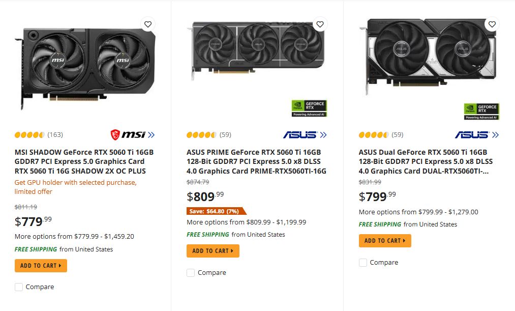 Three graphics cards listed for sale: MSI SHADOW GeForce RTX 5060 Ti 16GB for $779.99, ASUS PRIME GeForce RTX 5060 Ti 16GB for $809.99, and ASUS Dual GeForce RTX 5060 Ti 16GB for $799.99, all with free shipping from the United States.
