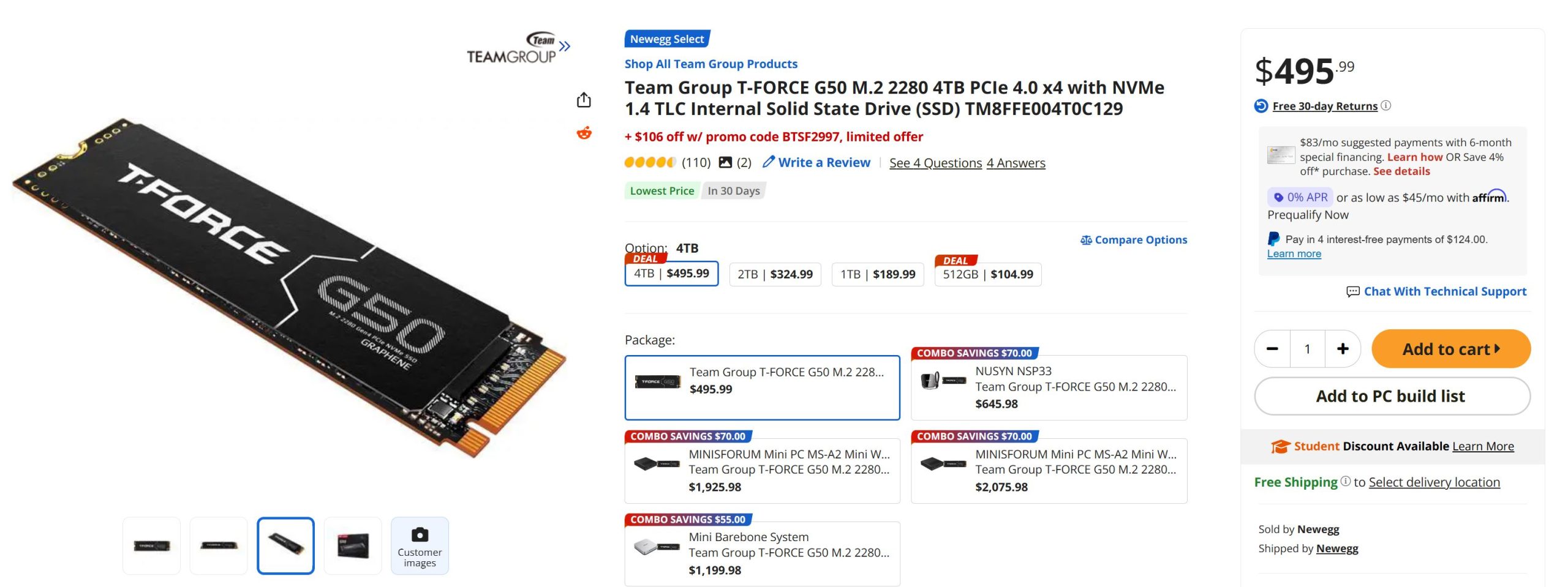 Team Group T-FORCE G50 M.2 2280 4TB PCIe 4.0 x4 with NVMe 1.4 TLC Internal Solid State Drive priced at $495.99 is shown on a Newegg product page with options for different storage capacities.