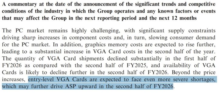 A text document discusses challenges in the PC market, highlighting VGA card shortages and increased costs expected by FY2026, with a focus on entry-level VGA cards facing severe shortages.