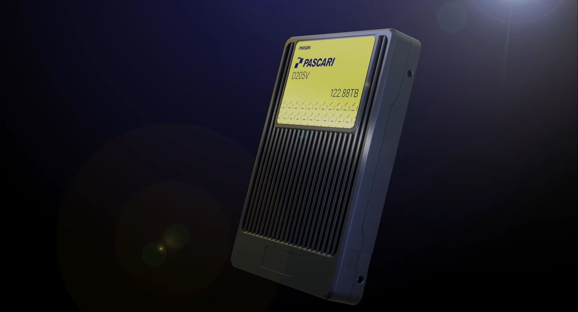 A close-up of a Phison PASCAR D205V drive with a capacity of 122.88TB against a dark background.