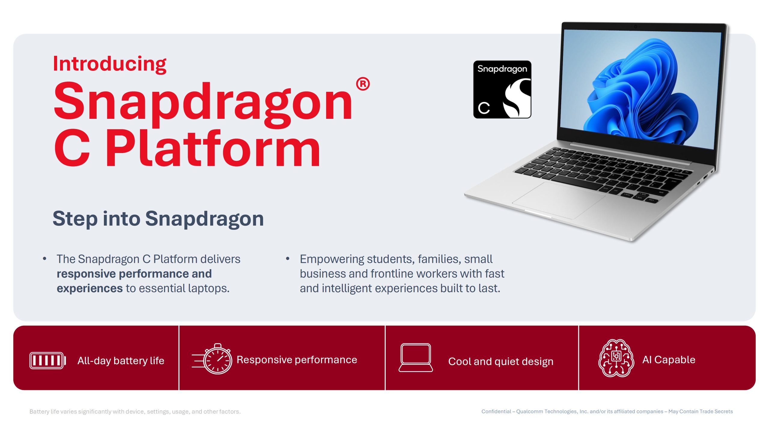 A marketing image for the 'Snapdragon C Platform' showcases a laptop and highlights features such as 'all-day battery life,' 'responsive performance,' 'cool and quiet design,' and 'AI capable,' while emphasizing benefits for various users.