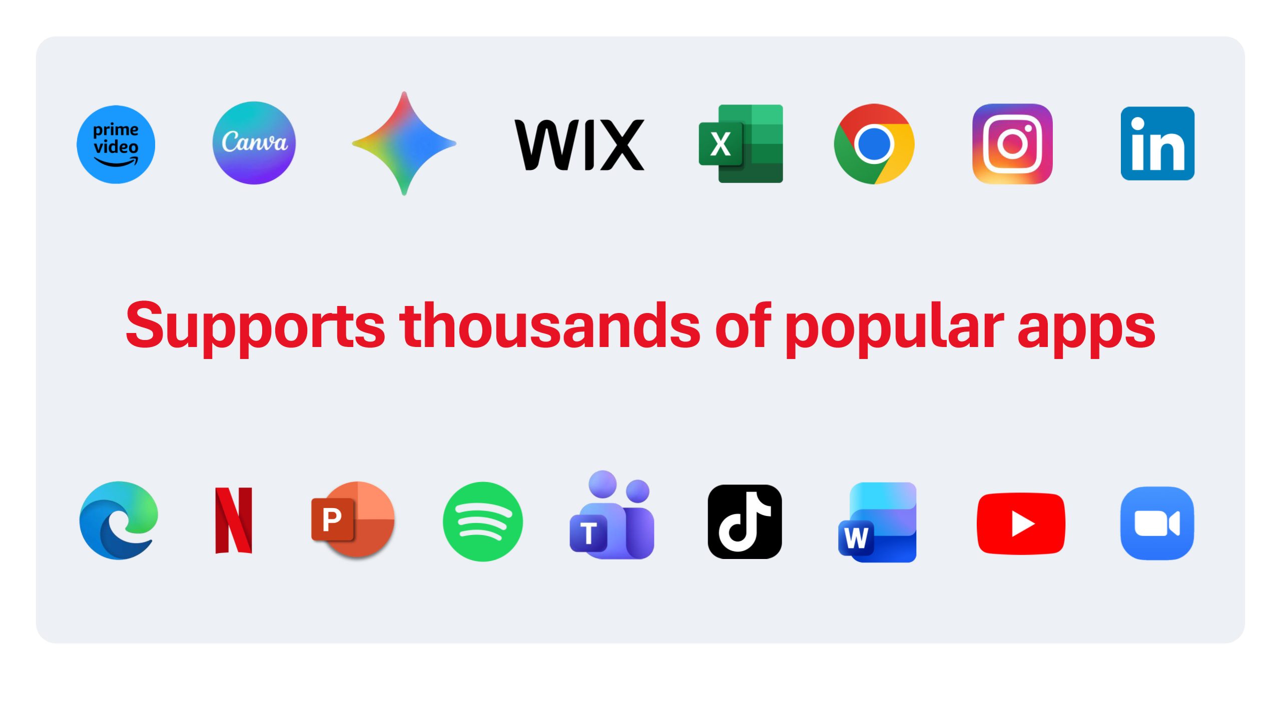 A selection of app logos including Prime Video, Canva, Wix, Excel, Chrome, Instagram, LinkedIn, Edge, Netflix, PowerPoint, Spotify, Teams, TikTok, Word, YouTube, and Zoom, with the text 'Supports thousands of popular apps' displayed in red.