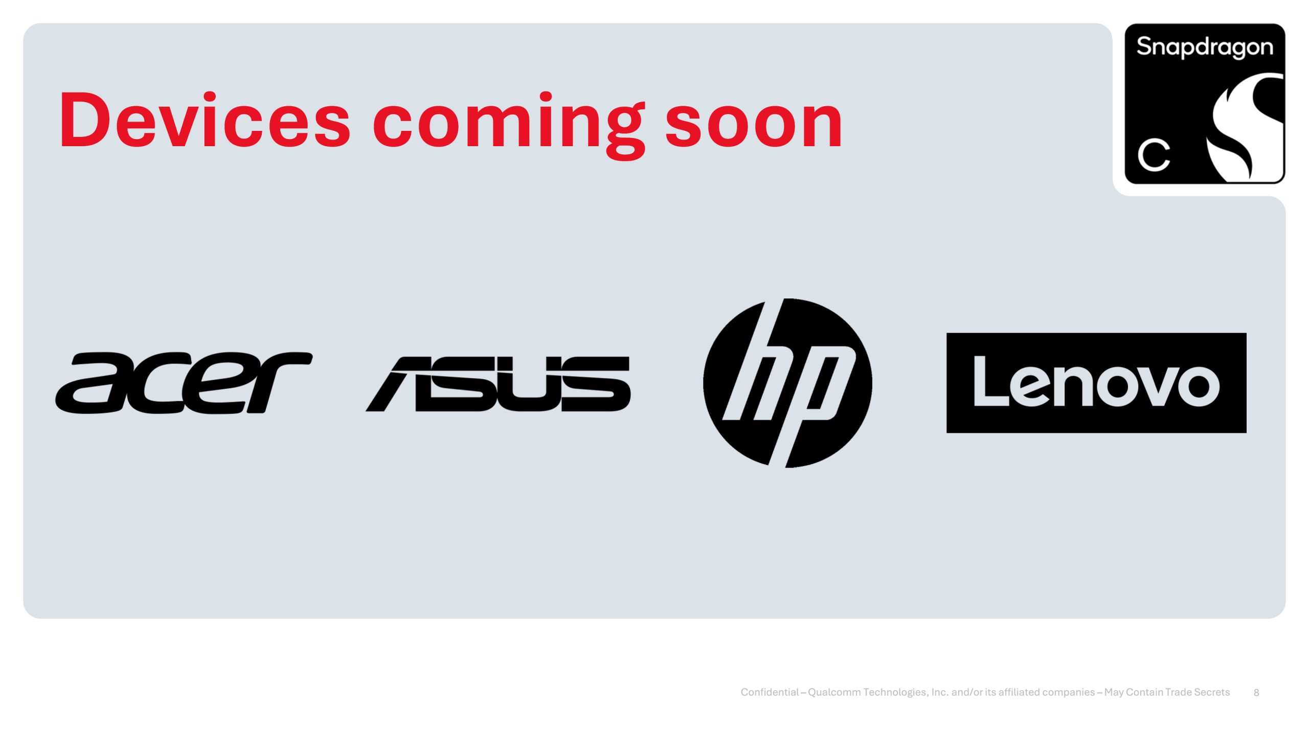 Logos of Acer, Asus, HP, and Lenovo beneath the text 'Devices coming soon' with a Snapdragon emblem on the top right.