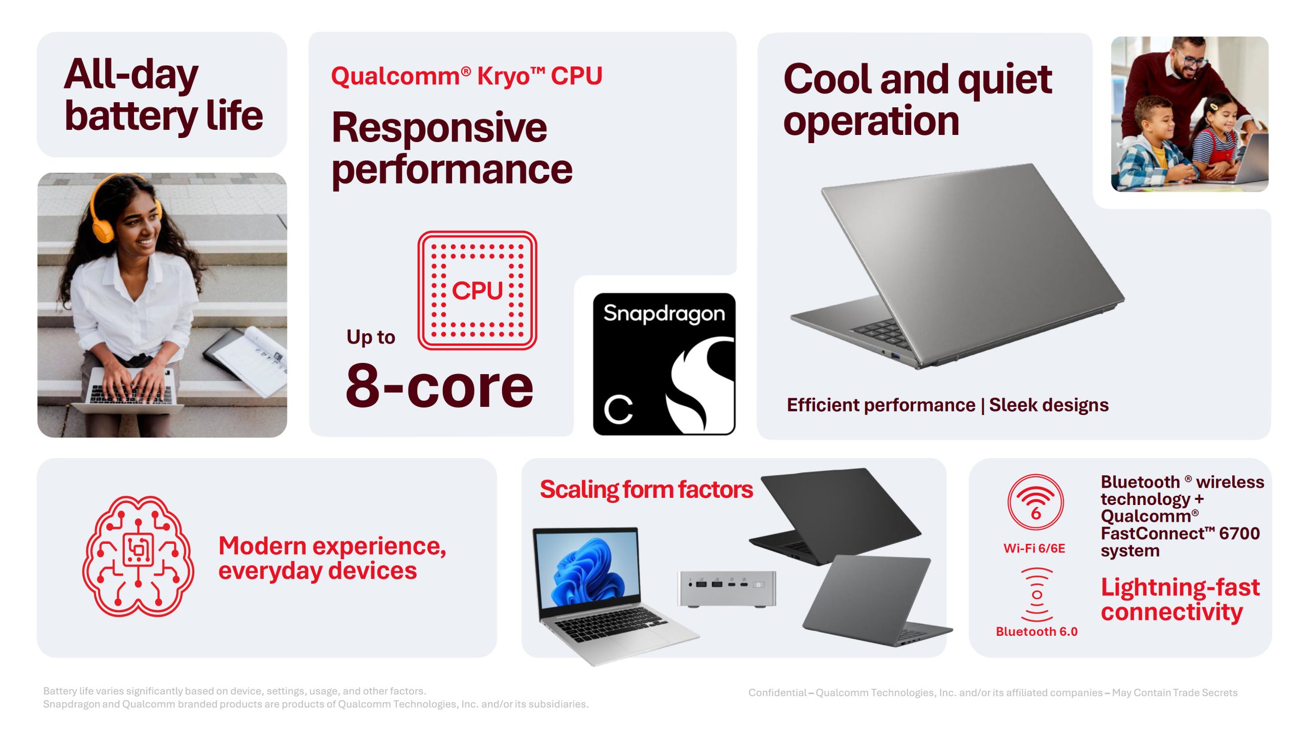 A promotional image for Qualcomm featuring the Snapdragon logo and text highlights including 'Qualcomm Kryo CPU,' 'Up to 8-core,' 'All-day battery life,' 'Cool and quiet operation,' and 'Lightning-fast connectivity' with Bluetooth and Wi-Fi technologies.