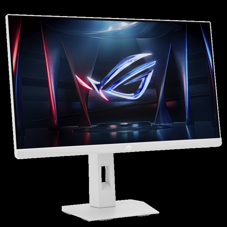 An ASUS ROG Strix gaming monitor with a white stand displays the ROG logo on screen.
