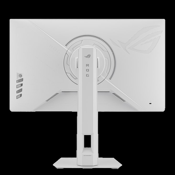 The back view of an ASUS ROG gaming monitor with a white finish and the ROG logo prominently displayed on the stand.
