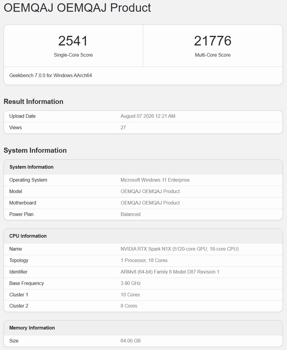 New RTX Spark Geekbench 7 results for the 18-core and 20-core CPU versions