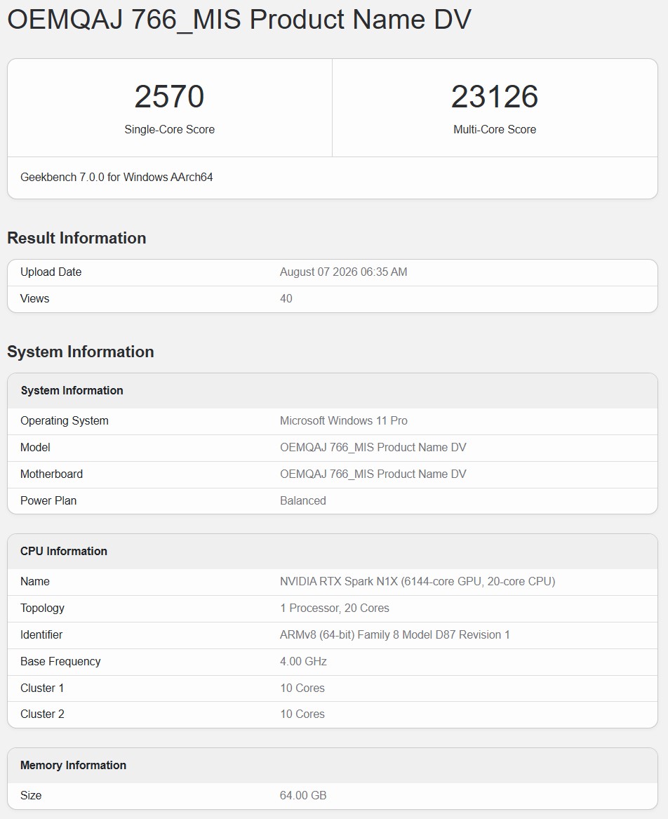 New RTX Spark Geekbench 7 results for the 18-core and 20-core CPU versions