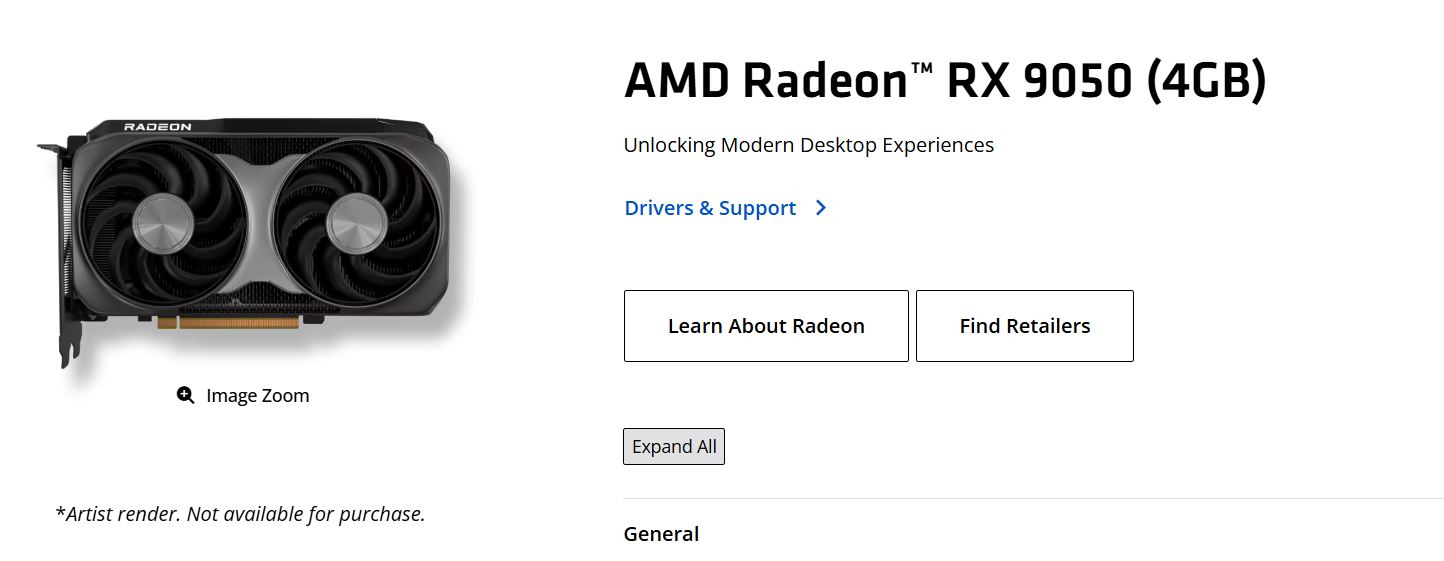 An AMD Radeon RX 9050 graphics card with '4GB' text is displayed alongside options for 'Drivers & Support' and buttons to 'Learn About Radeon' and 'Find Retailers.'
