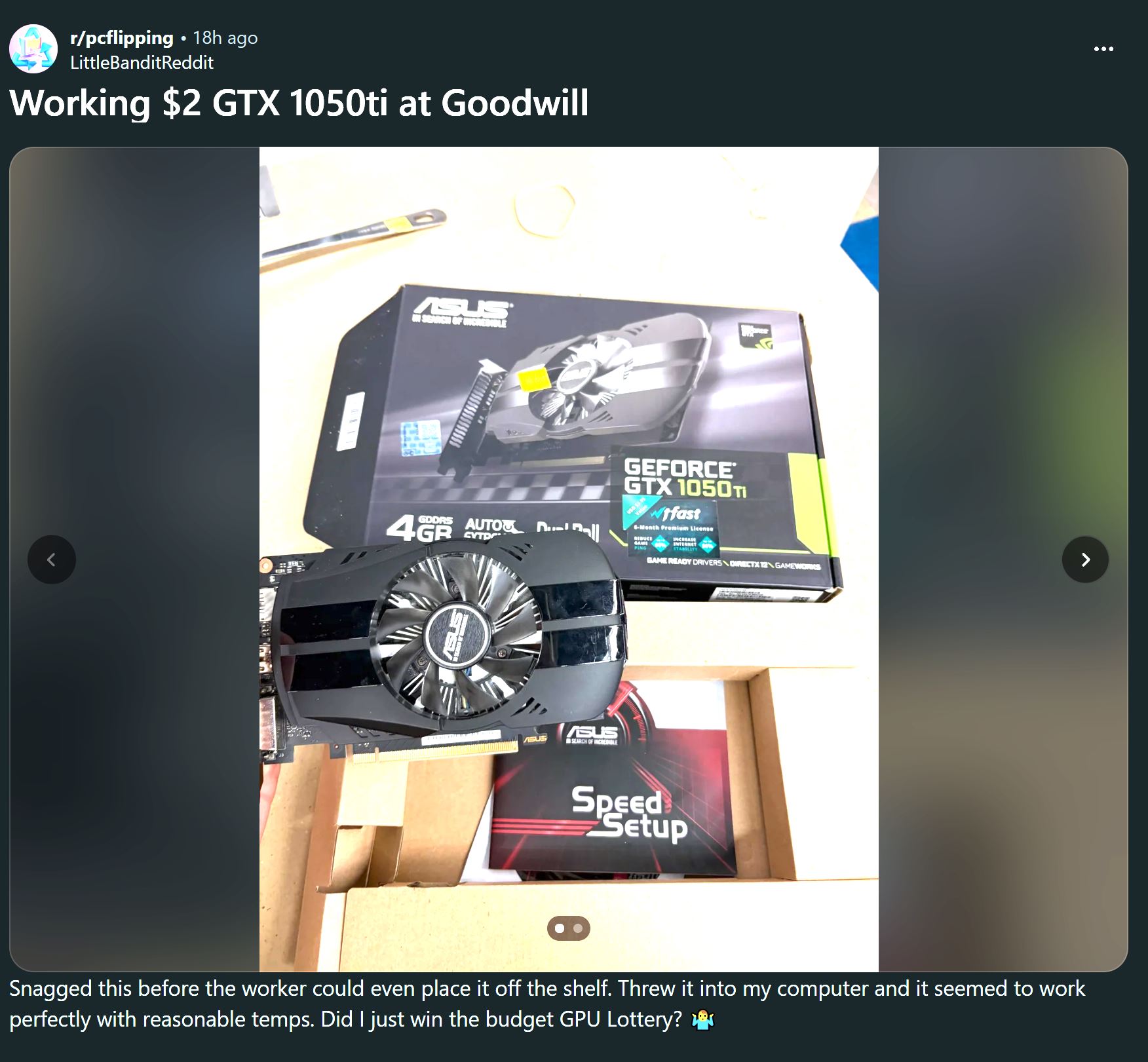 An ASUS GeForce GTX 1050 Ti graphics card is displayed alongside its packaging and a 'Speed Setup' manual.