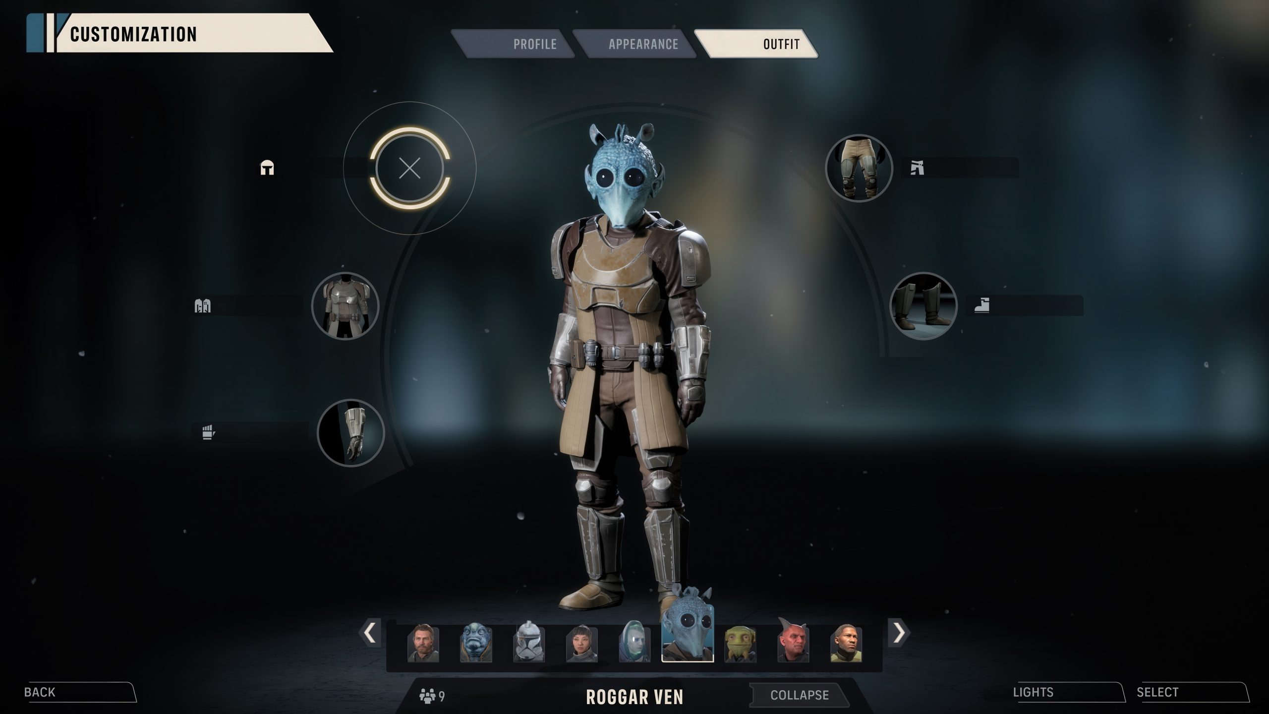 A character customization screen in a game displays a character named 'ROGGAR VEN' with various armor pieces and an alien appearance under the 'OUTFIT' tab.