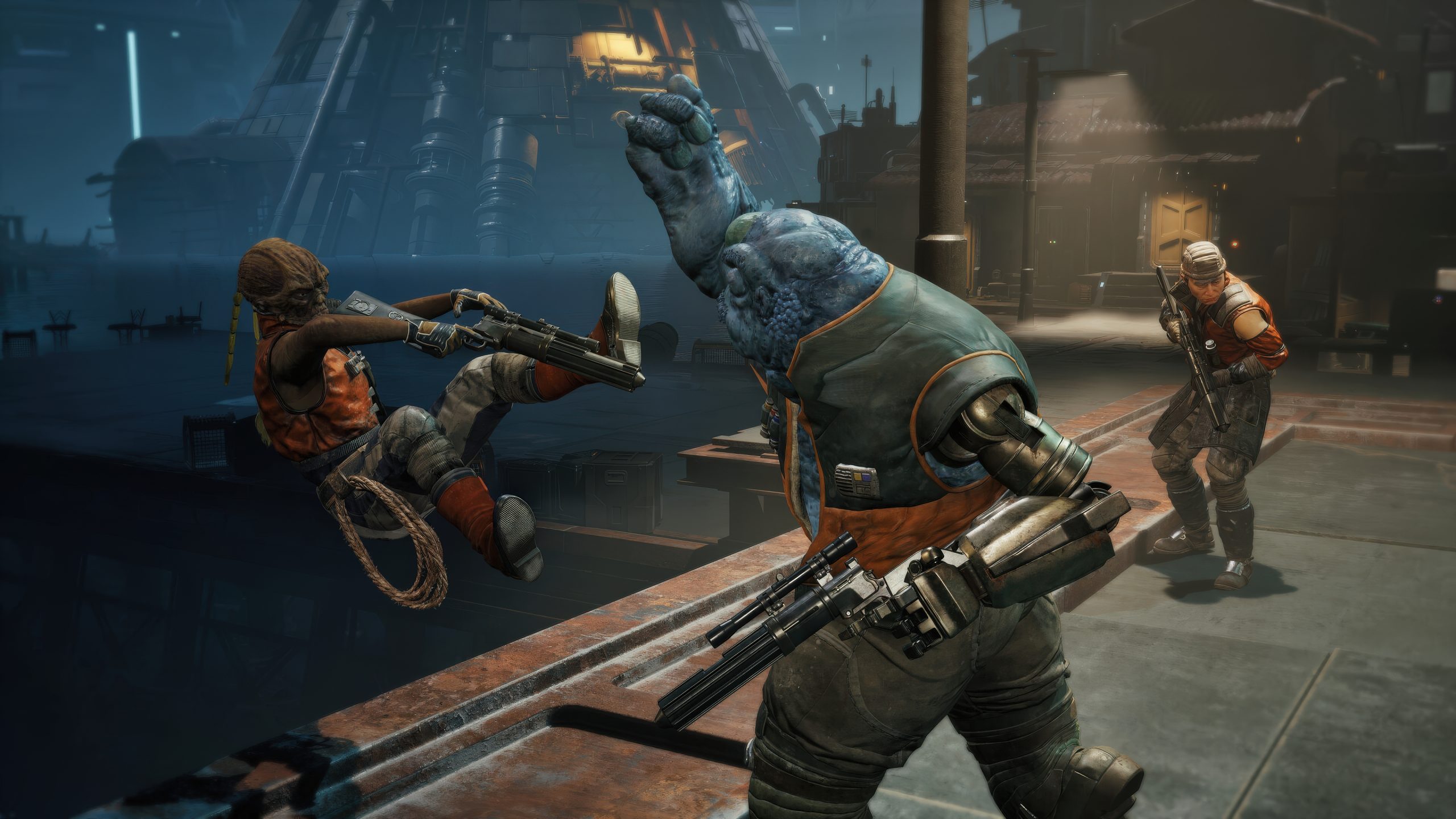 A scene from the game 'Star Wars Zero Company' shows a blue-skinned character attacking an enemy while another character in the background holds a firearm.