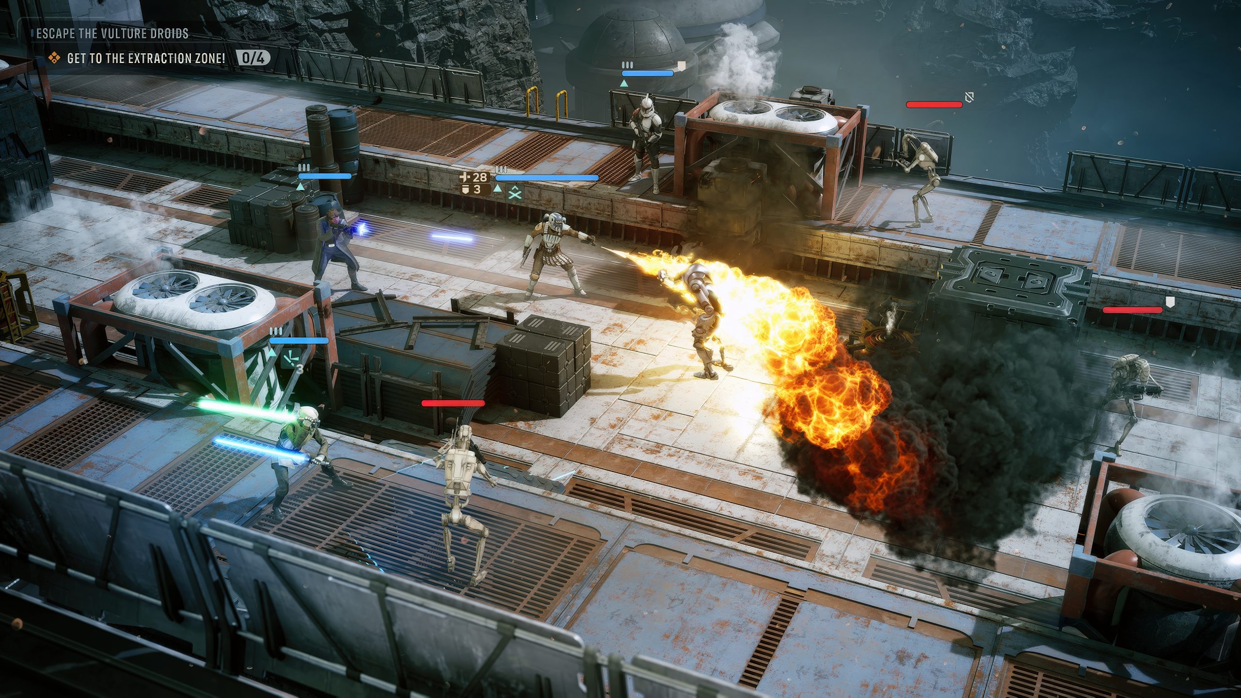 Characters in 'Star Wars Zero Company' engage in a battle on a platform, with two wielding lightsabers against droids, amidst on-screen objectives 'Escape the vulture droids' and 'Get to the extraction zone!'.