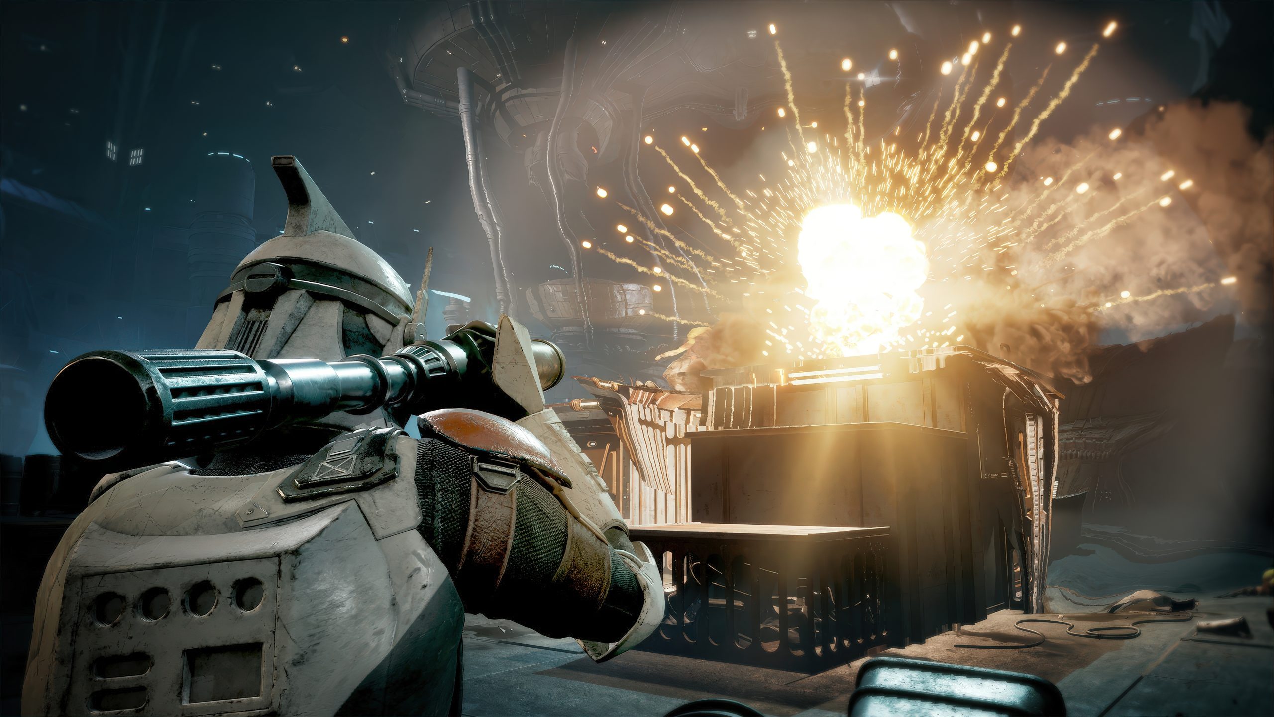 A character in 'Star Wars Battlefront II' aiming a rifle as an explosion occurs nearby.