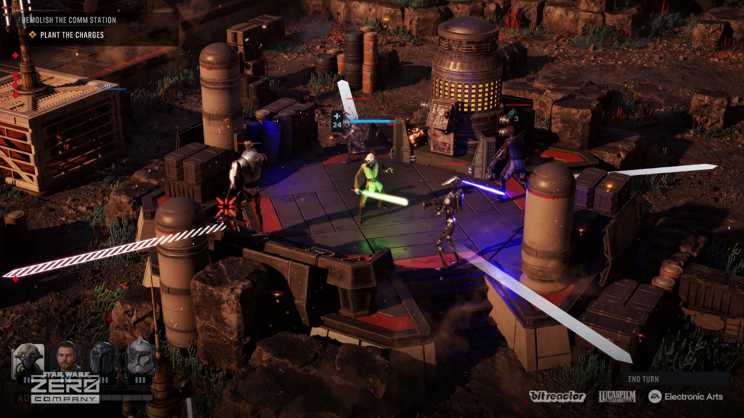 A gameplay scene from Star Wars: Jedi Survivor shows a character wielding a green lightsaber in combat against droids, with the objective 'Demolish the Comm Station' and 'Plant the Charges' displayed.