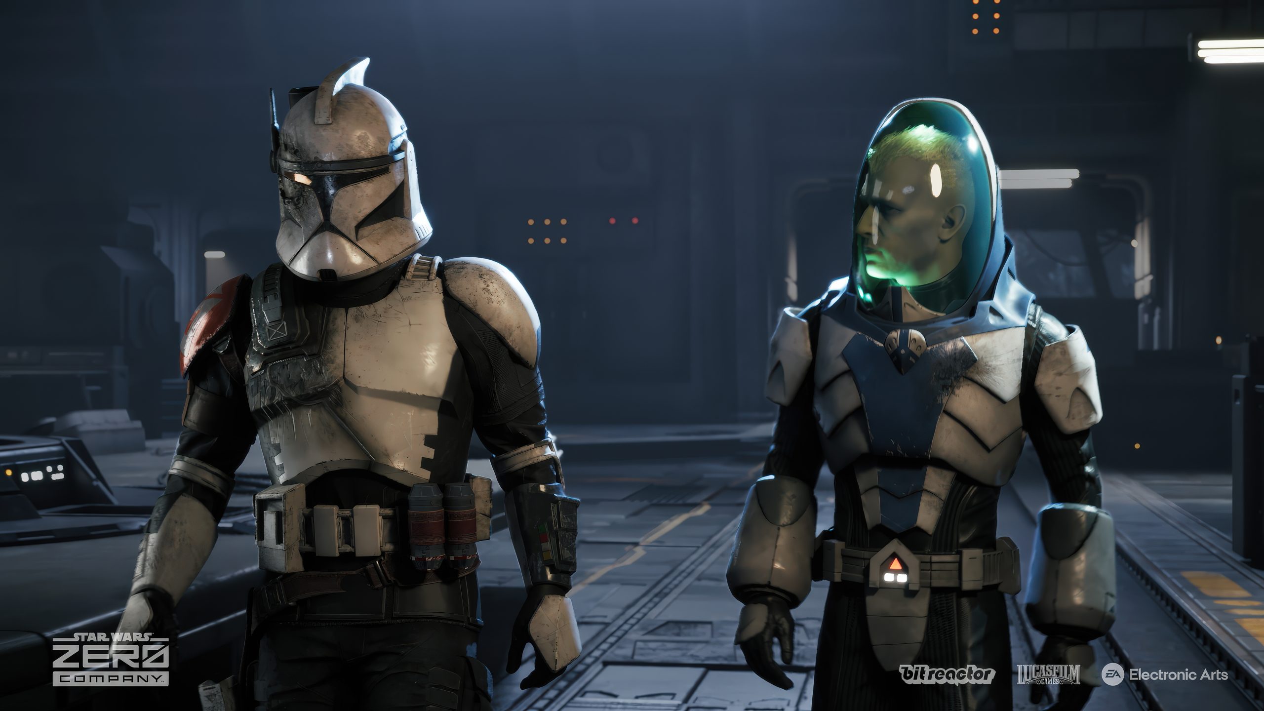 Two characters in futuristic armor walk side-by-side in a dimly lit room, with text reading 'Star Wars: Zero Company.'