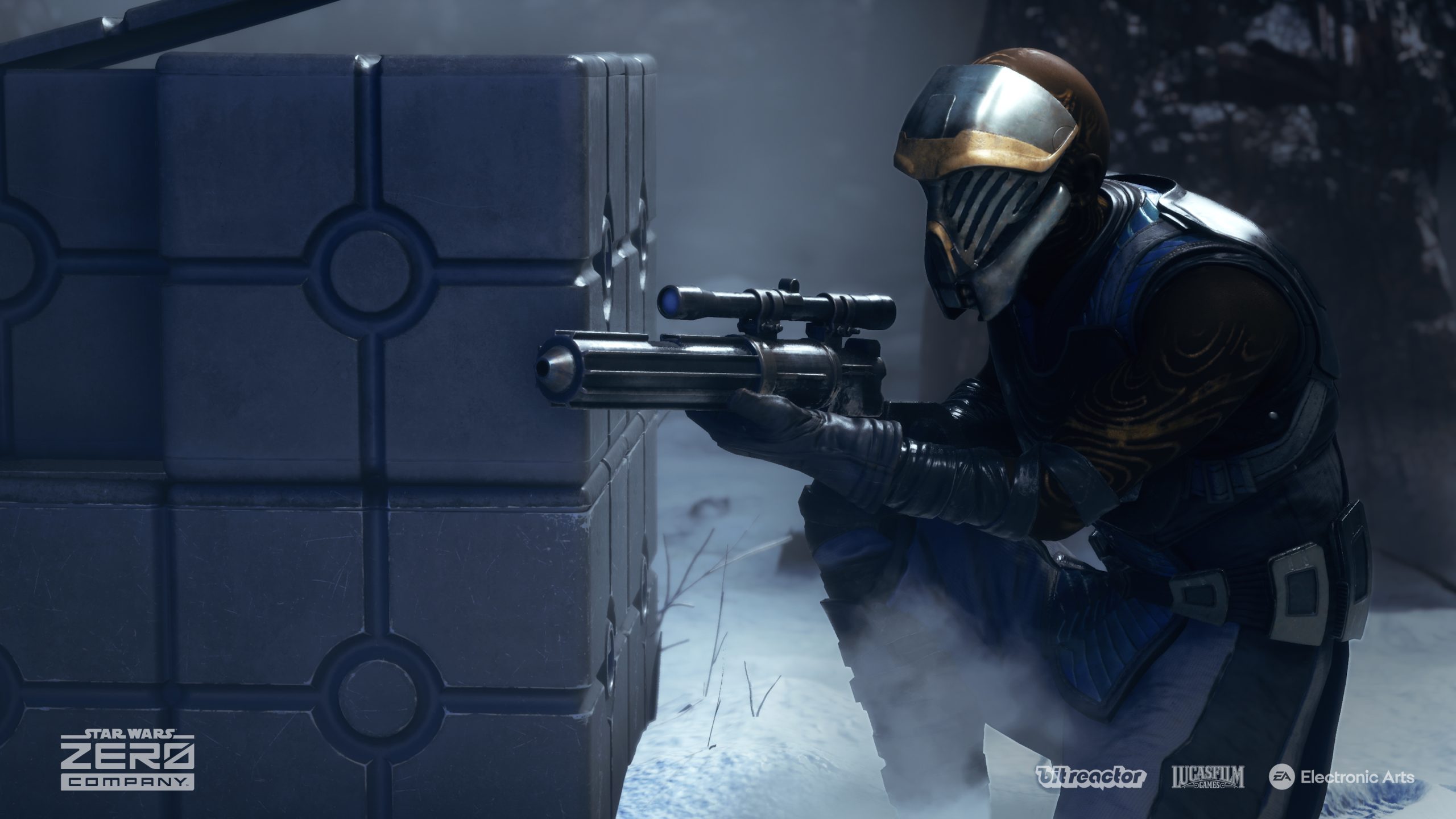 A character in 'Star Wars: Zero Company's kneeling in the snow and aiming a blaster rifle.