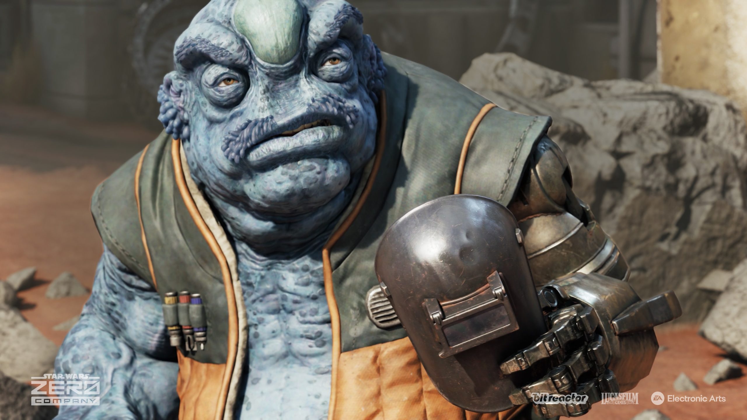 An alien character in Star Wars: Hunters with a welding helmet, wearing a vest, holding a tool, with the 'Star Wars: Zero Company' logo at the bottom left and logos for Bit Reactor, Lucasfilm Games, and Electronic Arts at the bottom.