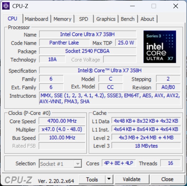 The CPU-Z interface displays specifications for the Intel Core Ultra X7 358H processor, including 'Panther Lake,' running at a core speed of 4700.00 MHz.