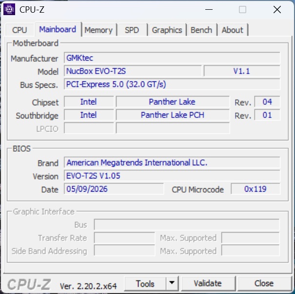 A CPU-Z screenshot shows a GMKtec NucBox EVO-T2S with Intel Panther Lake chipset and BIOS version EVO-T2S V1.05 dated 05/09/2026.