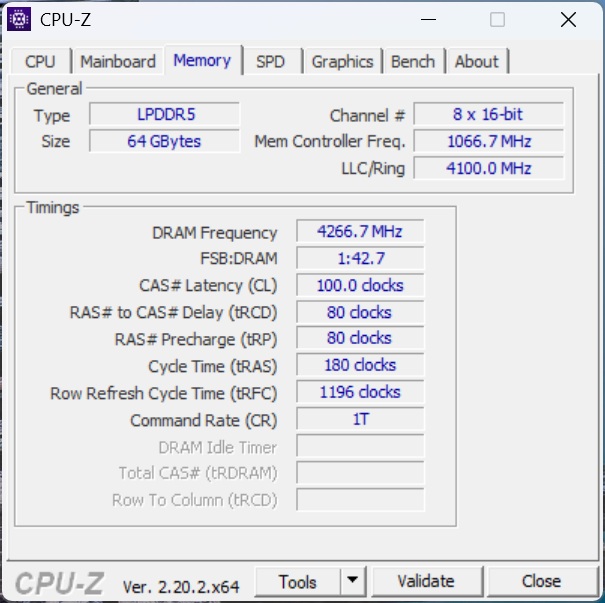 The CPU-Z memory tab displays LPDDR5 RAM with a size of 64 GBytes, a DRAM frequency of 4266.7 MHz, and timings including CAS latency of 100.0 clocks and command rate of 1T.