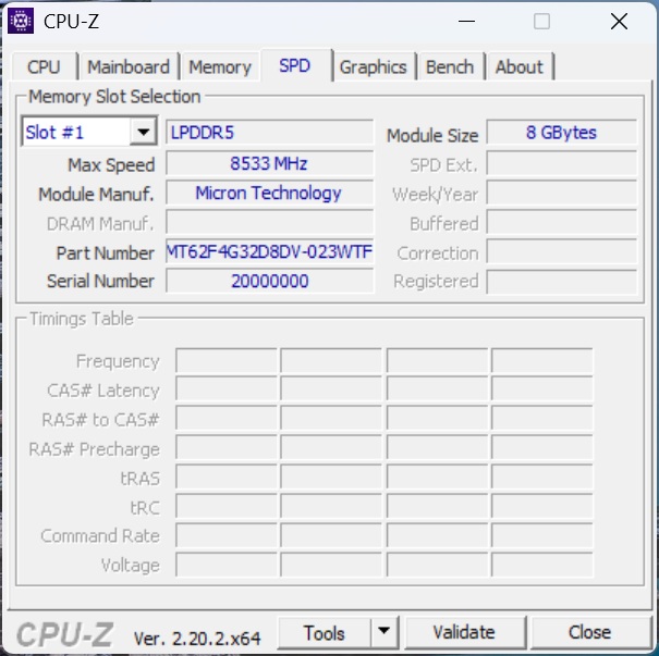 A CPU-Z window displays details for a memory module labeled as LPDDR5 from Micron Technology, with a max speed of 8533 MHz and a module size of 8 GB.