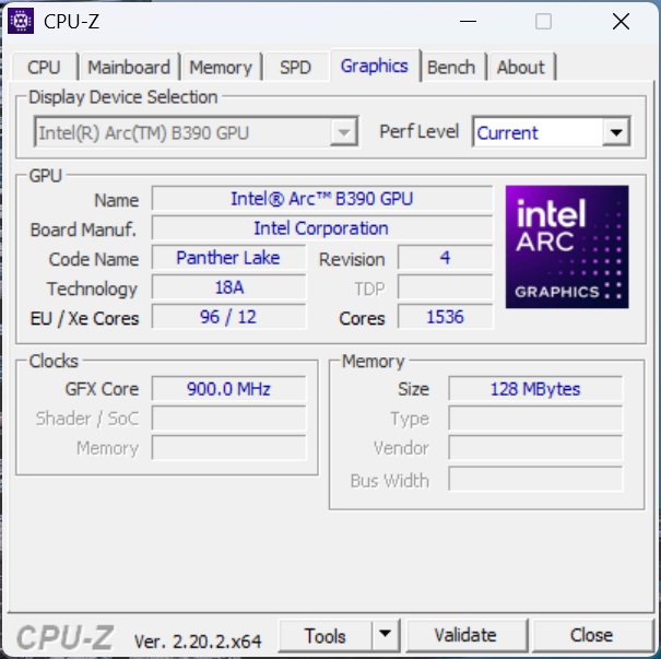 The CPU-Z 'Graphics' tab displays information about an Intel Arc B390 GPU, including a GFX core clock speed of 900.0 MHz and 128 MBytes of memory.