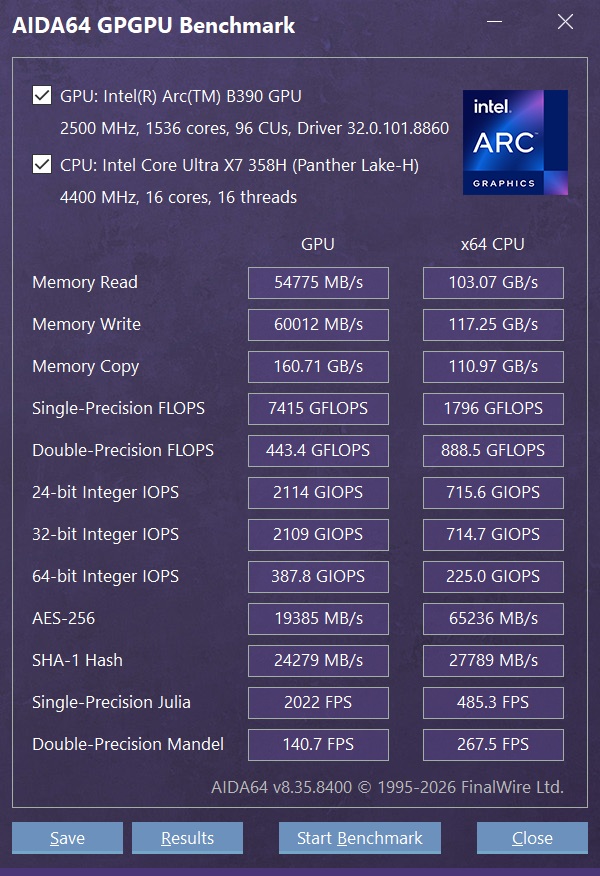 The AIDA64 GPGPU Benchmark shows performance metrics for the Intel Arc B390 GPU and Intel Core Ultra X7 358H CPU, including 'Memory Read' at 54775 MB/s for the GPU and 103.07 GB/s for the CPU.