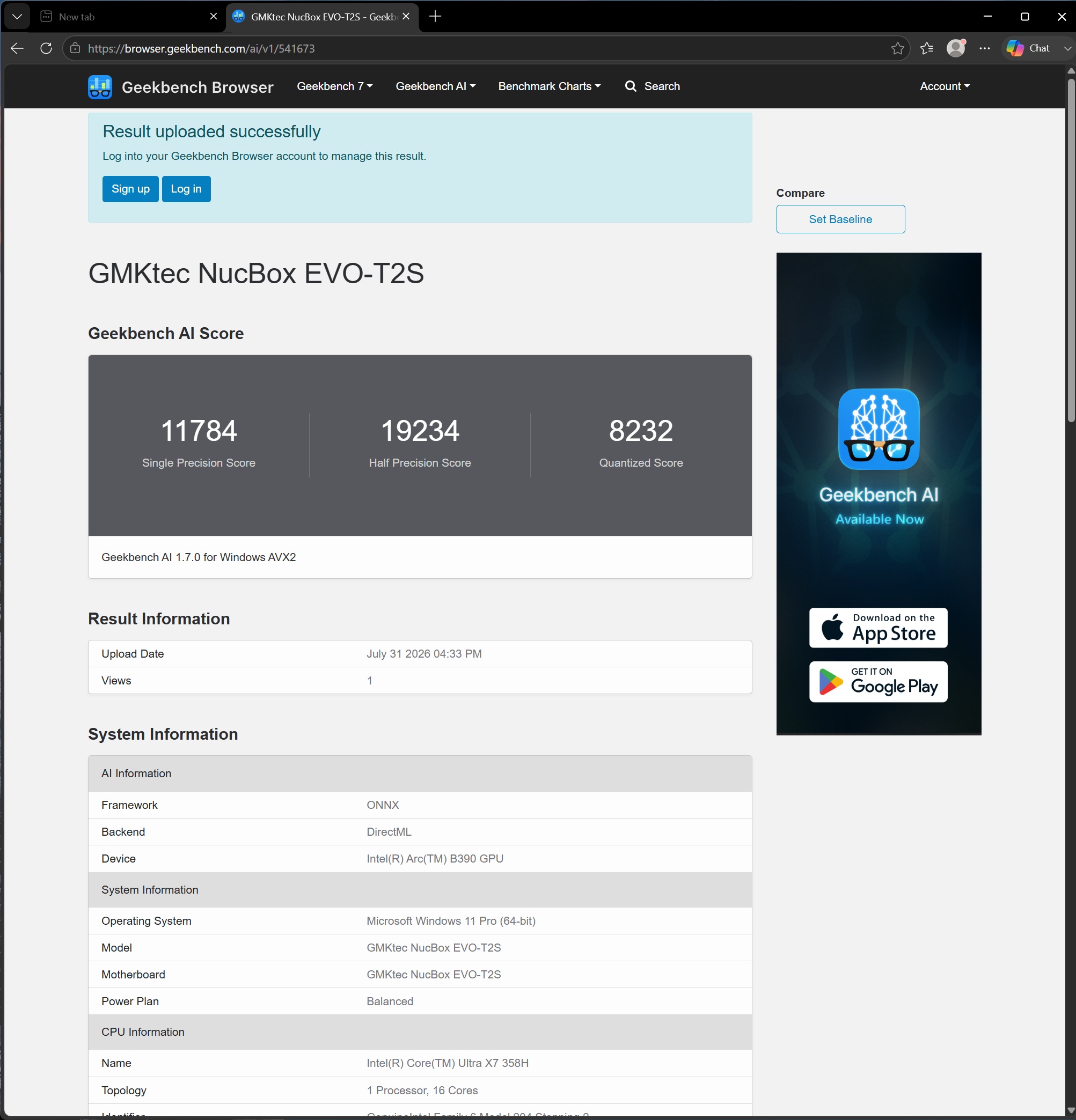 A Geekbench AI score page displays results for the GMKtec NucBox EVO-T2S with scores showing '11784 Single Precision,' '19234 Half Precision,' and '8232 Quantized Score,' running on an Intel Arc B390 GPU and Windows 11 Pro.
