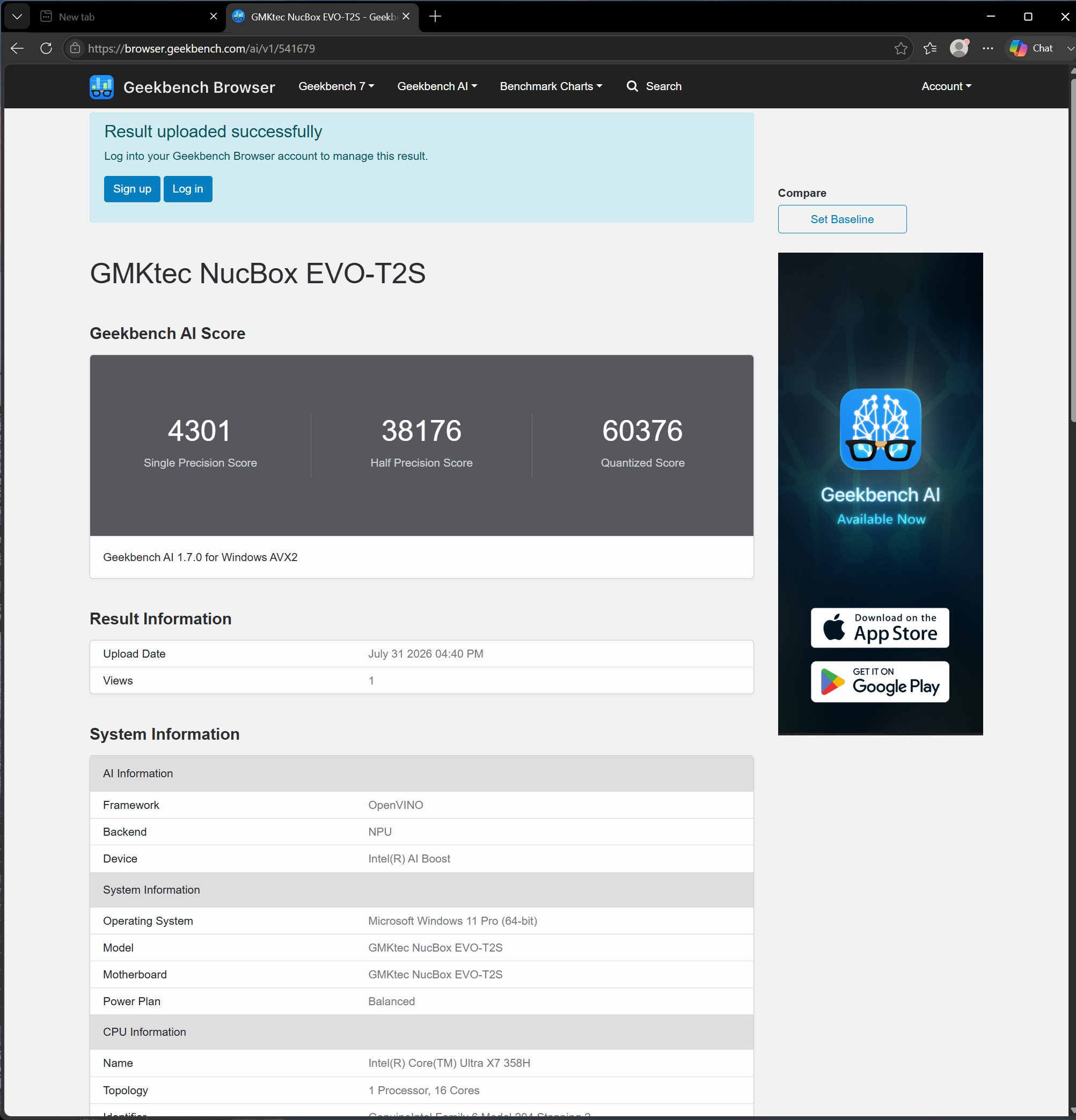 The image shows a Geekbench AI score report for the GMKtec NucBox EVO-T2S, displaying scores of '4301' for Single Precision, '38176' for Half Precision, and '60376' for Quantized Score.