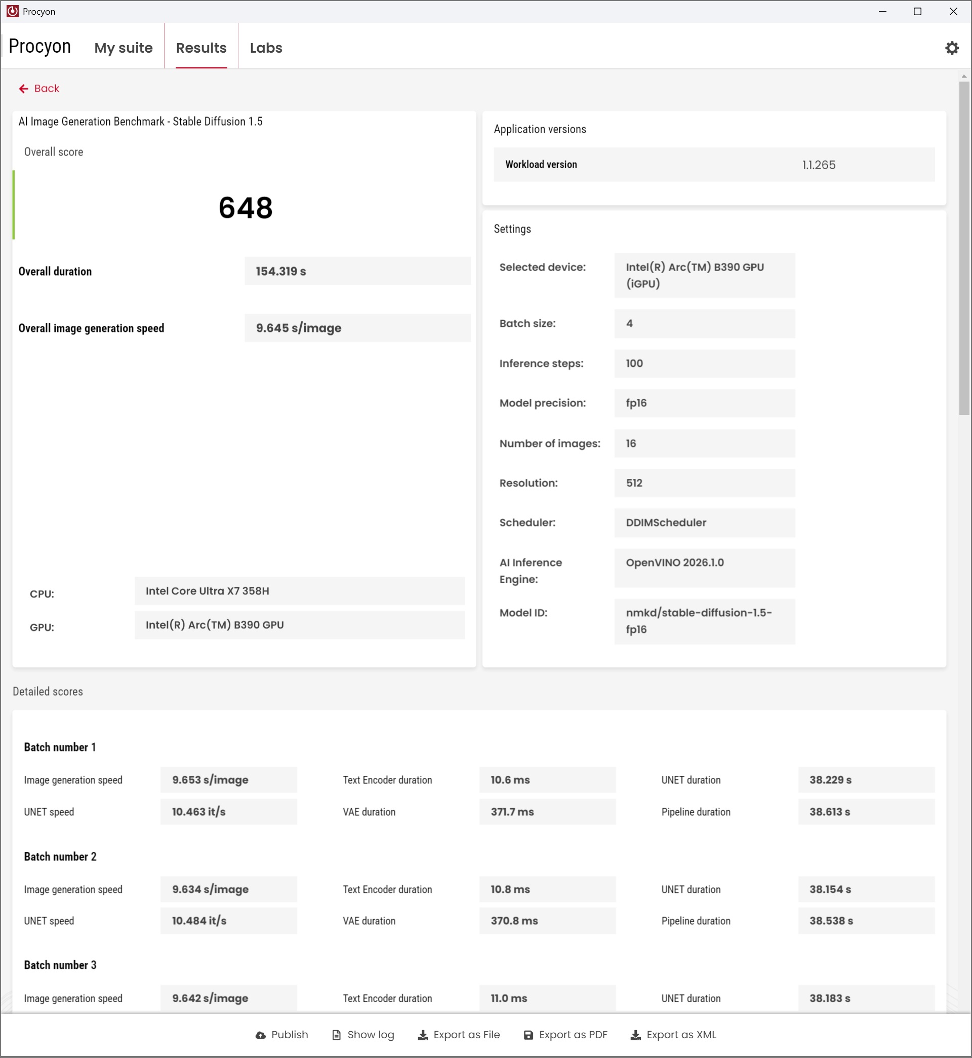 A screenshot of the Procyon Results tab shows an overall score of 648 in the 'All Image Generation Benchmark - Stable Diffusion 1.5' for an Intel Core Ultra X7 358H CPU and Intel Arc B390 GPU with an overall image generation speed of 9.645 s/image.