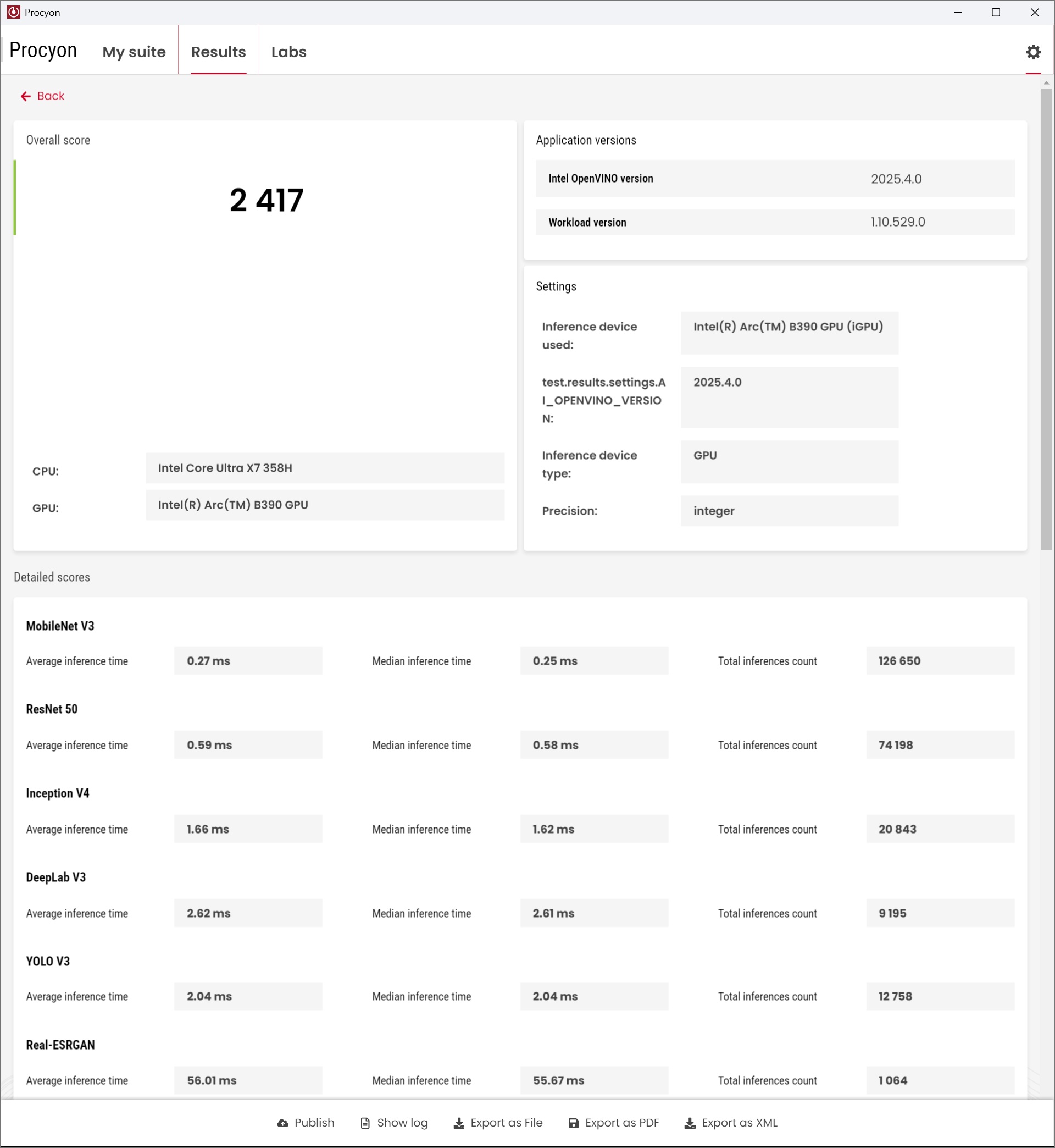 A Procyon benchmarking result screen displays an overall score of 2,417 using an Intel Core Ultra X7 358H CPU and Intel Arc B390 GPU, with detailed inference times for models like MobileNet V3 and ResNet 50.