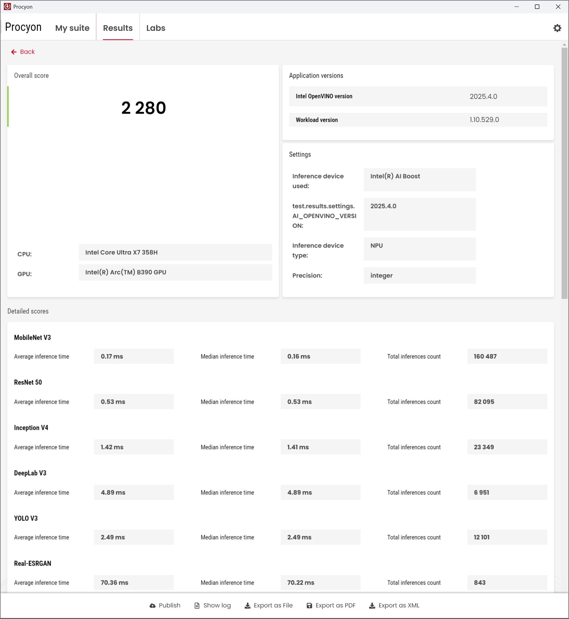 The Procyon app displays an overall score of '2 280' with specifications including an Intel Core Ultra X7 358H CPU and Intel Arc B390 GPU, alongside detailed scores for various inference tests.