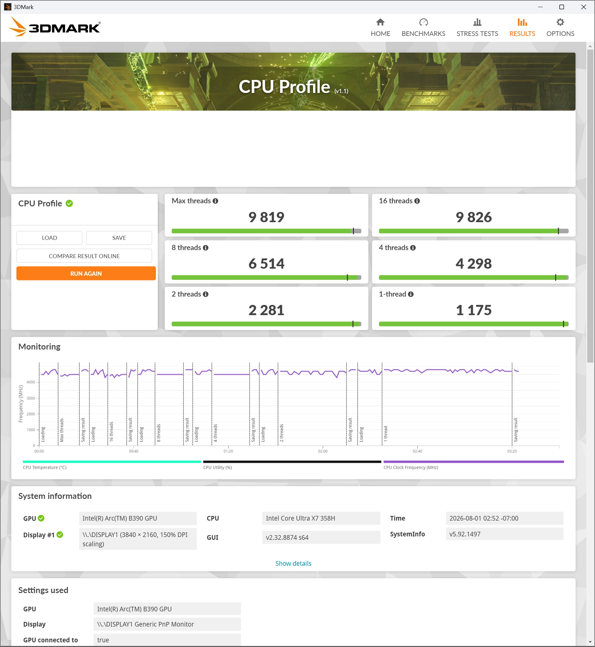 The 3DMark CPU Profile benchmark shows scores for an Intel Core Ultra X7 358H processor, with a max threads score of 9,819 and a 16 threads score of 9,826.